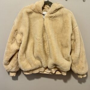 Topshop Bomber Jacket Faux Fur Hooded Sherpa, Cream, Women's 8-12